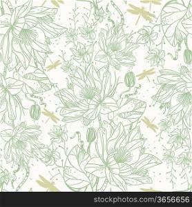 vector floral seamless pattern with waterlilies and dragonflies