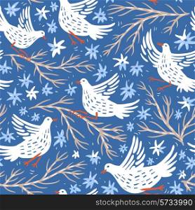 vector floral seamless pattern with white doves