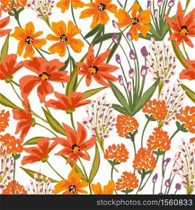 Vector floral seamless pattern with wild blooming flowers and meadow flowering plants. Beautiful bright backdrop with wildflowers. Elegant vector illustration for wrapping paper, wallpaper, web
