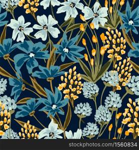Vector floral seamless pattern with wild blooming flowers and meadow flowering plants. Beautiful backdrop with wildflowers. Elegant vector illustration for wrapping paper, wallpaper, web