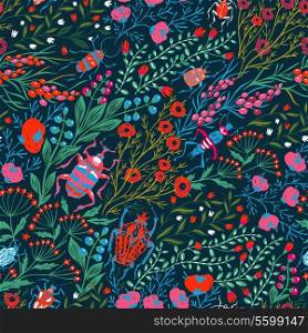 vector floral seamless pattern with wild flowers and beetles