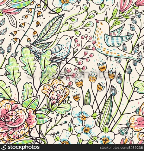 vector floral seamless texture. hand drawn vector pattern with fantasy flowers and birds