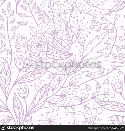 vector floral seamless texture. vector seamless pattern with hand drawn plants and birds