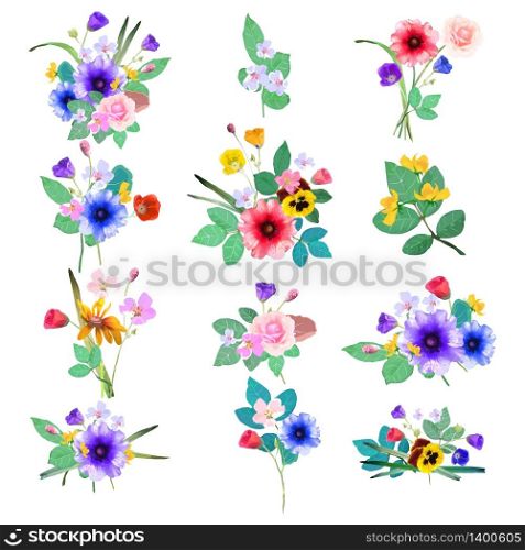 Vector floral set. Colorful floral collection with leafs and flowers. Design for invitation, wedding or greeting cards.. Vector floral set. Colorful collection with flowers. Desi