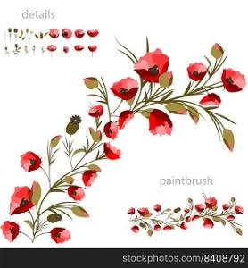 Vector floral set of red poppies and leaves. Isolated illustration. Floral design for greeting cards, floral background. Festive drawing, wedding, birthday. Floristics.