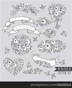 vector floral set with hand drawn elements, ribbons and garlands
