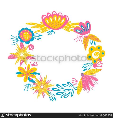 Vector Floral Wreath. Abstract design with doodle hand drawn flowers frame. Can be used as wedding invitation, greeting card and save the date card