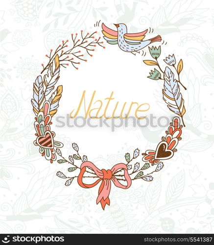 vector floral wreath with decorative hearts, feathers and plants