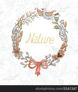 vector floral wreath with decorative hearts, feathers and plants