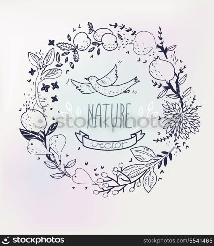vector floral wreath with hand drawn fruits and plants