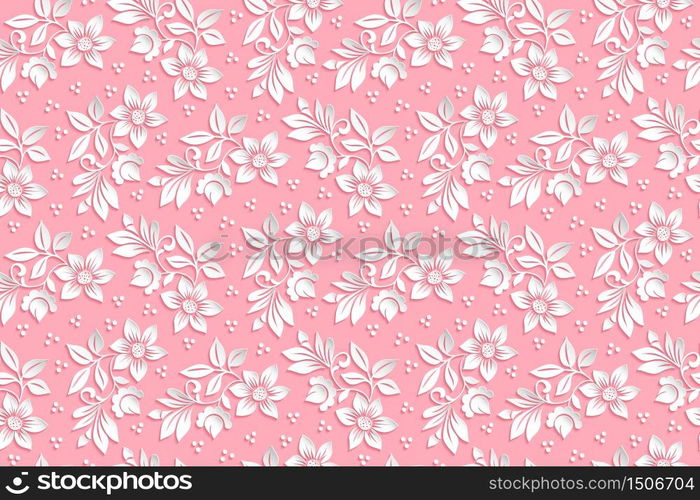 Vector flower seamless pattern background. Elegant texture for backgrounds. 3D elements with shadows and highlights. Paper cut.