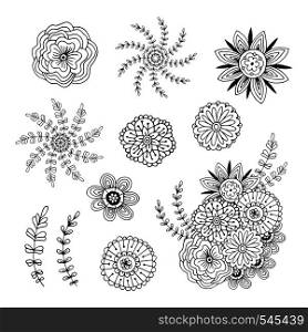 Vector flowers doodle collection. Adult coloring book page decorations. Zentangle design with floral element. Vector flowers doodle collection. Adult coloring book page decorations. Zentangle design with floral elements