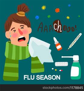 Vector flu season concept with girl and medicines. Girl and medicines, flue season