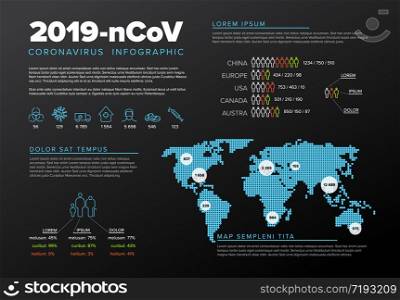 Vector flyer infographic template with coronavirus statistics and place for your information - black and blue version