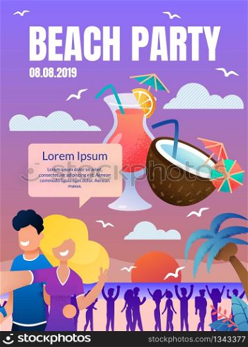 Vector Flyer Summer Beach Party Landing Web Page. Website, Banner, Poster, Illustration Dance Beach Party. Guy and Girl Taking Selfie Background Dancing People, Coconut, Cocktail, Sunset, Malma. Vector Flyer Summer Beach Party Landing Web Page