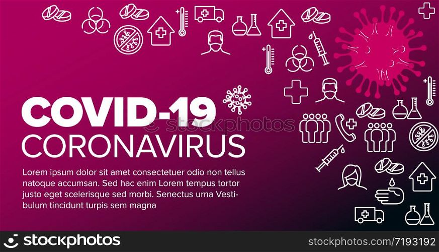 Vector flyer template with coronavirus illustration, icons and place for your information - pink and white version