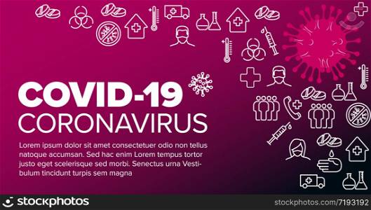 Vector flyer template with coronavirus illustration, icons and place for your information - pink and white version