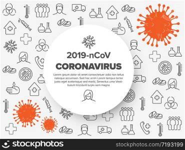 Vector flyer template with coronavirus illustration, icons and place for your information - black and white version