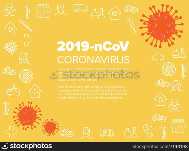 Vector flyer template with coronavirus illustration, icons and place for your information - yellow red version