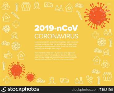 Vector flyer template with coronavirus illustration, icons and place for your information - yellow red version