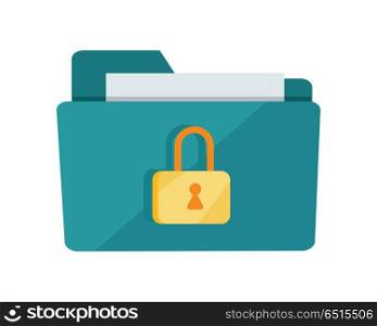 Vector Folder Lock Icon. Blue folder lock icon on white background. File protection. Data security and privacy concept. Safe confidential information. Vector illustration in flat style.