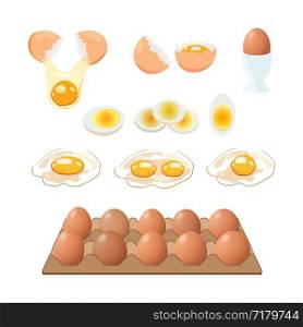Vector food icon. Chicken and quail boiled,broken and raw eggs brown and white color.An egg in the shell and box ,half an egg with the yolk. Illustration in cartoon style.