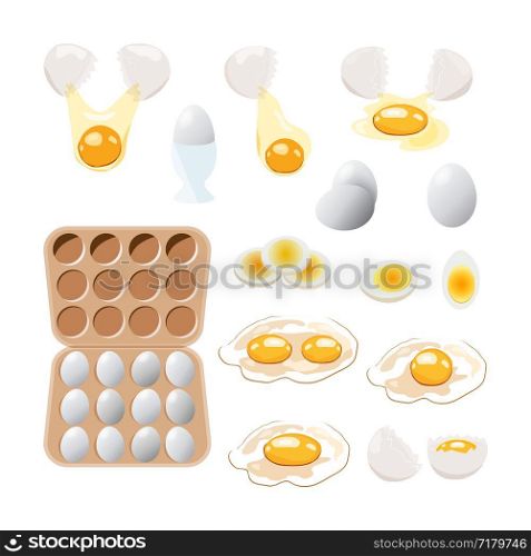 Vector food icon. Chicken and quail boiled,broken and raw eggs brown and white color.An egg in the shell and box ,half an egg with the yolk. Illustration in cartoon style.