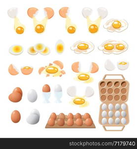 Vector food icon. Chicken boiled,broken and raw eggs brown and white color.An egg in the shell and box ,half an egg with the yolk. Illustration in cartoon style.