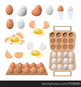 Vector food icon. Chicken boiled,broken and raw eggs brown and white color.An egg in the shell and box ,half an egg with the yolk. Illustration in cartoon style.