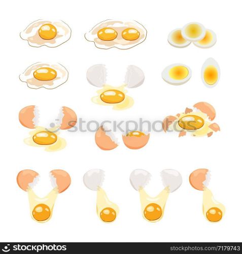 Vector food icon Chicken eggs - boiled, broken and raw eggs. An egg in the shell and half an egg with the yolk. Illustration in cartoon style.