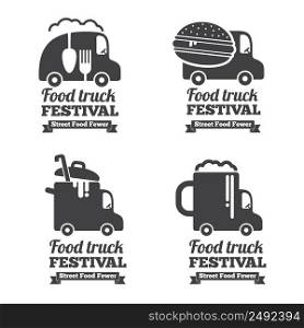 Vector food truck logos, emblems and badges. Label emblem, restaurant and cafe car illustration. Vector food truck logos, emblems and badges