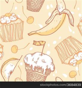 vector foodl seamless pattern with cakes, fruits and ice-cream