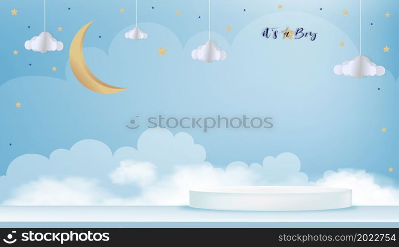 Vector for baby boy shower card on blue background,Cute Paper art abstract origami cloudscape, crescent moon and stars on blue sky and 3D podium,Paper cut with copy space for baby's photos