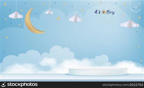 Vector for baby boy shower card on blue background,Cute Paper art abstract origami cloudscape, crescent moon and stars on blue sky and 3D podium,Paper cut with copy space for baby's photos