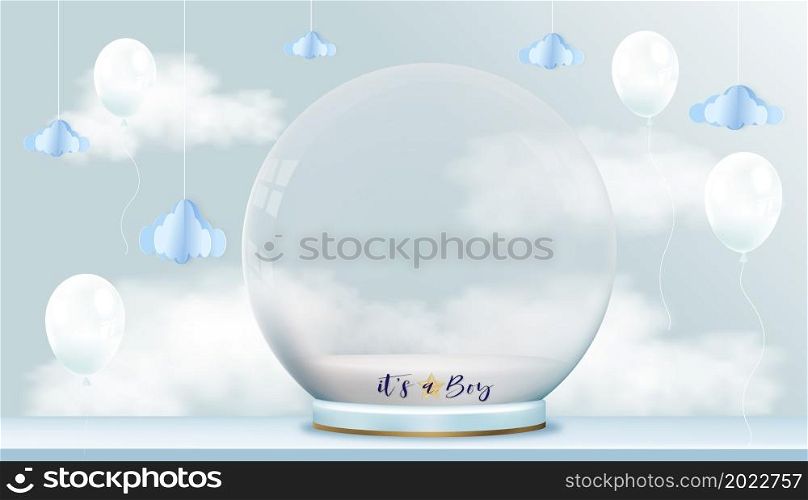 Vector for baby boy shower card on blue sky background,Cute Paper art abstract origami cloudscape on blue sky and magic glass ball 3D with copy space for baby's photos