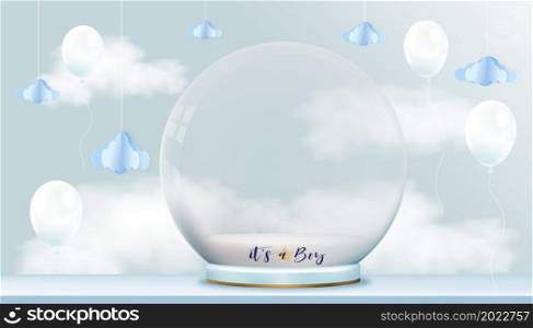 Vector for baby boy shower card on blue sky background,Cute Paper art abstract origami cloudscape on blue sky and magic glass ball 3D with copy space for baby's photos