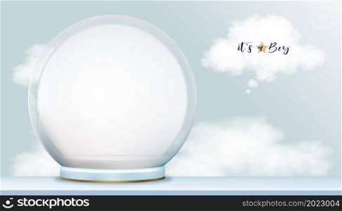 Vector for baby boy shower card on blue sky background, Fluffy cloudscape on blue sky and magic glass ball 3D with copy space for baby's photos