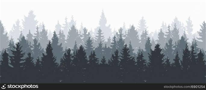 vector forest background. gray winter or spring woods, nature landscape with evergreen coniferous trees. morning woodland scene illustration