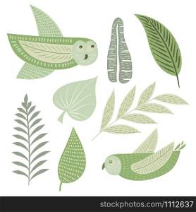 Vector Forest Design Elements. Trees, Branches, Leaves, and Owls
