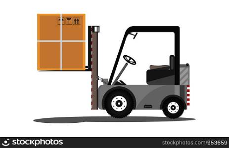 Vector forklift truck design with lifted cardboard box isolated on white background flat icon stock loader illustration.