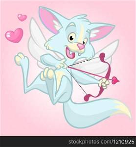 Vector fox cupid with bow and arrow. Illustration of a white fox cupid for St Valentine&rsquo;s Day. Isolated