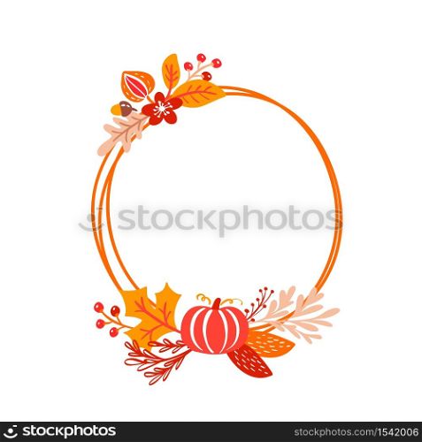 Vector frame autumn bouquet elements. orange leaves, berries and pumpkin isolated on white background. Perfect for seasonal holidays, Thanksgiving Day.. Vector frame autumn bouquet wreath. orange leaves, berries and pumpkin isolated on white background. Perfect for seasonal holidays, Thanksgiving Day