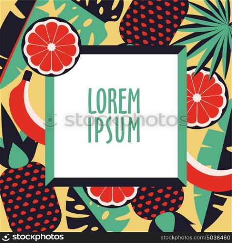 Vector frame from exotic leaves and fruit.