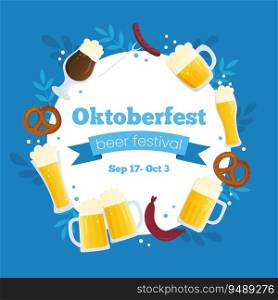 Vector frame template banner invitation for Oktoberfest. Autumn beer festival illustration. Beer mug on blue background with traditional colors flags. Greeting card for social media.