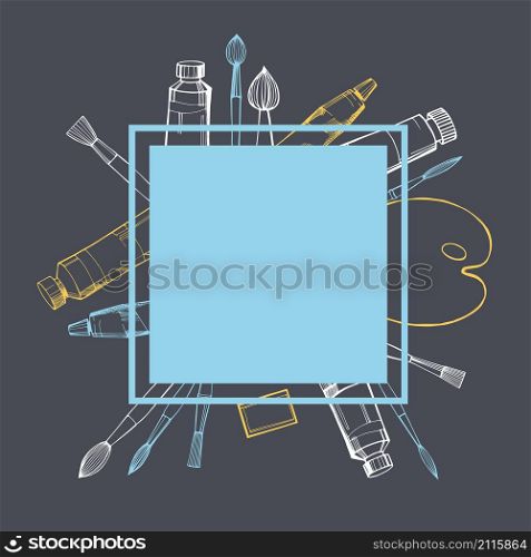 Vector frame with artistic paintbrushes and paints.
