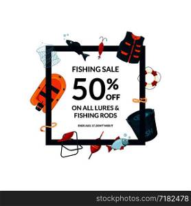 Vector frame with cartoon fishing equipment around it with place for text in center illustration. Vector frame with cartoon fishing equipment illustration