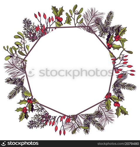 Vector frame with Christmas plants. Hand-drawn ilustration.