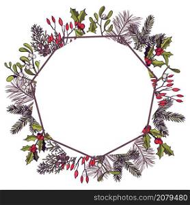 Vector frame with Christmas plants. Hand-drawn ilustration.