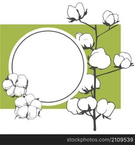 Vector frame with cotton plant flowers. Hand-drawn sketch illustration. Black and white line illustration of cotton flowers.