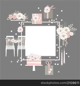 Vector frame with flowers, cake, decoration for chairs, bridal bouquet.